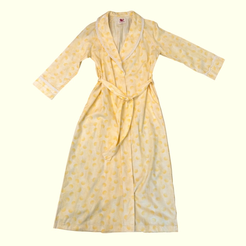 Wacoal Vintage Yellow Polka Dot Long Robe Lace Trim Wrap Loungewear M 70's Boho